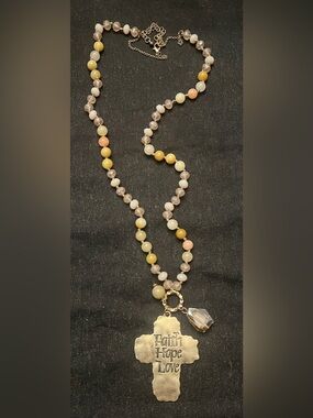 Faith Hope Love Beaded Cross Pendant Necklace - Multicolor Gold Tone